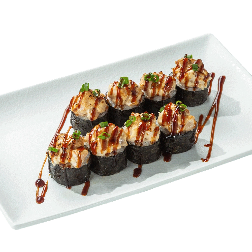 Запечённый ролл с гребешками и угрём