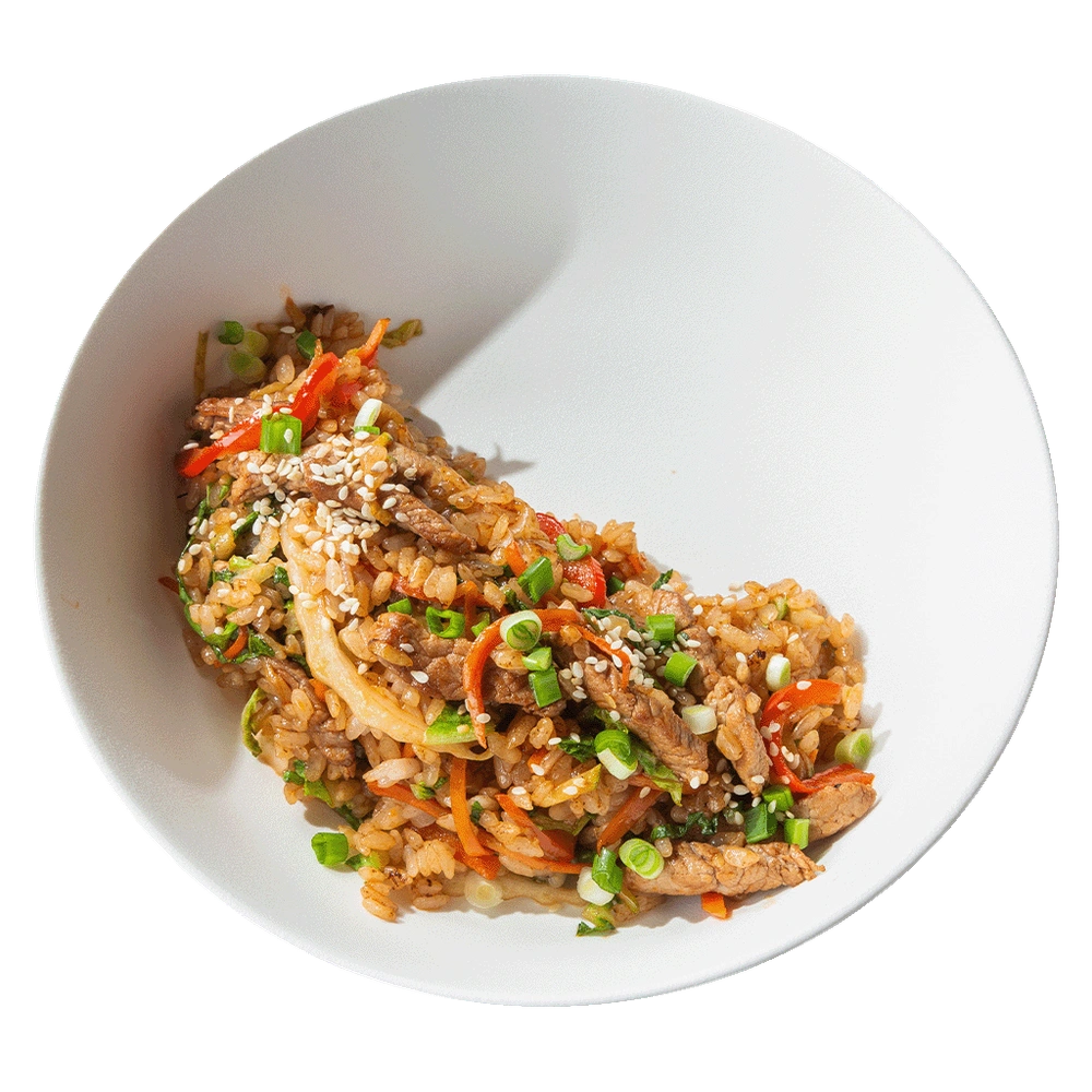 Рис со свининой, овощами и соусом терияки