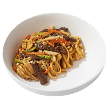 Удон с говядиной, овощами и соусом терияки