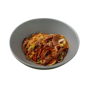 Удон с овощами, соевым мясом и соусом терияки