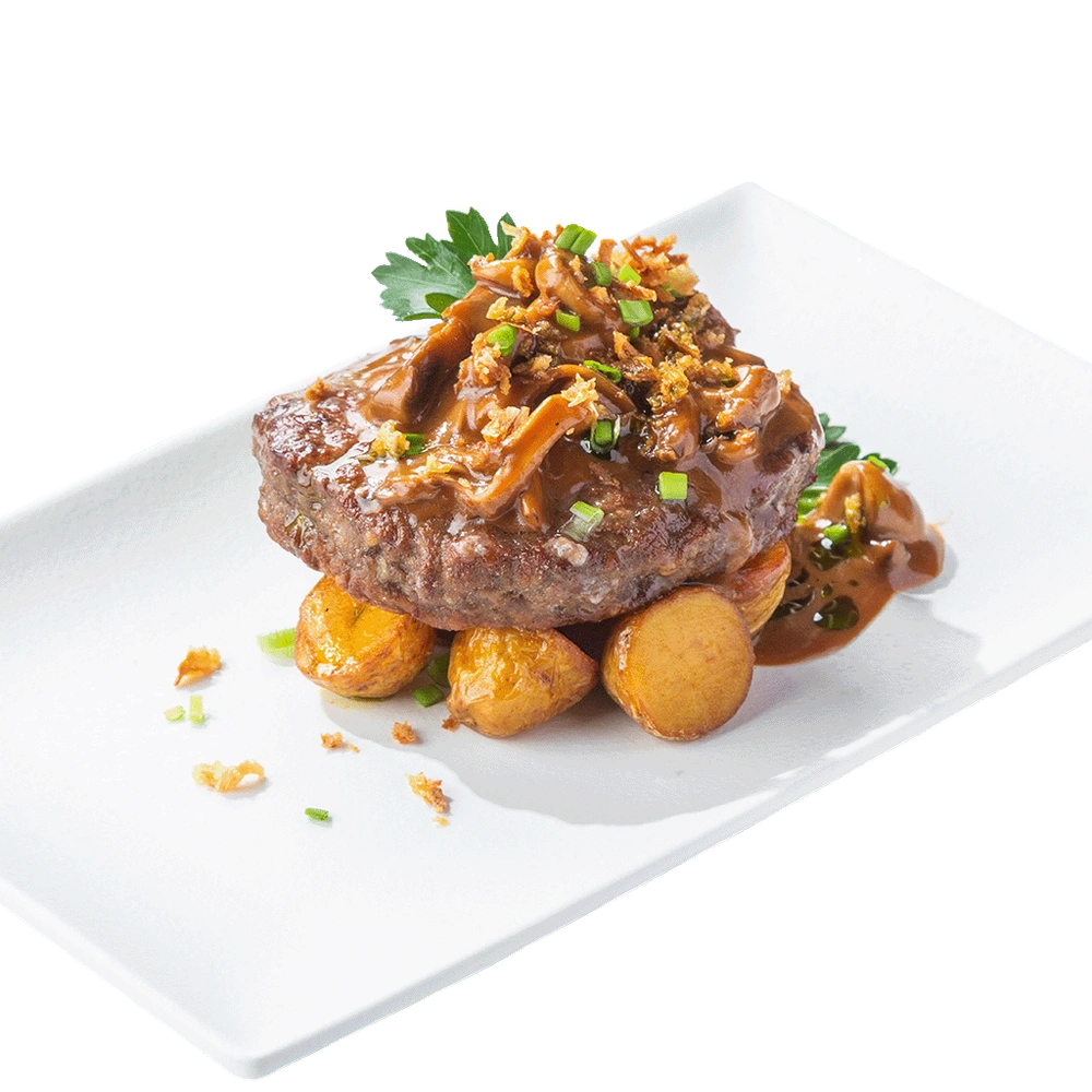 Бифштекс с картофелем, грибами и соусом демиглас