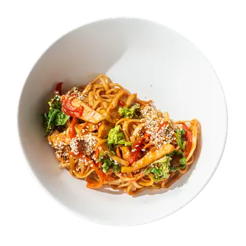 Удон с цыплёнком, овощами и соусом удон